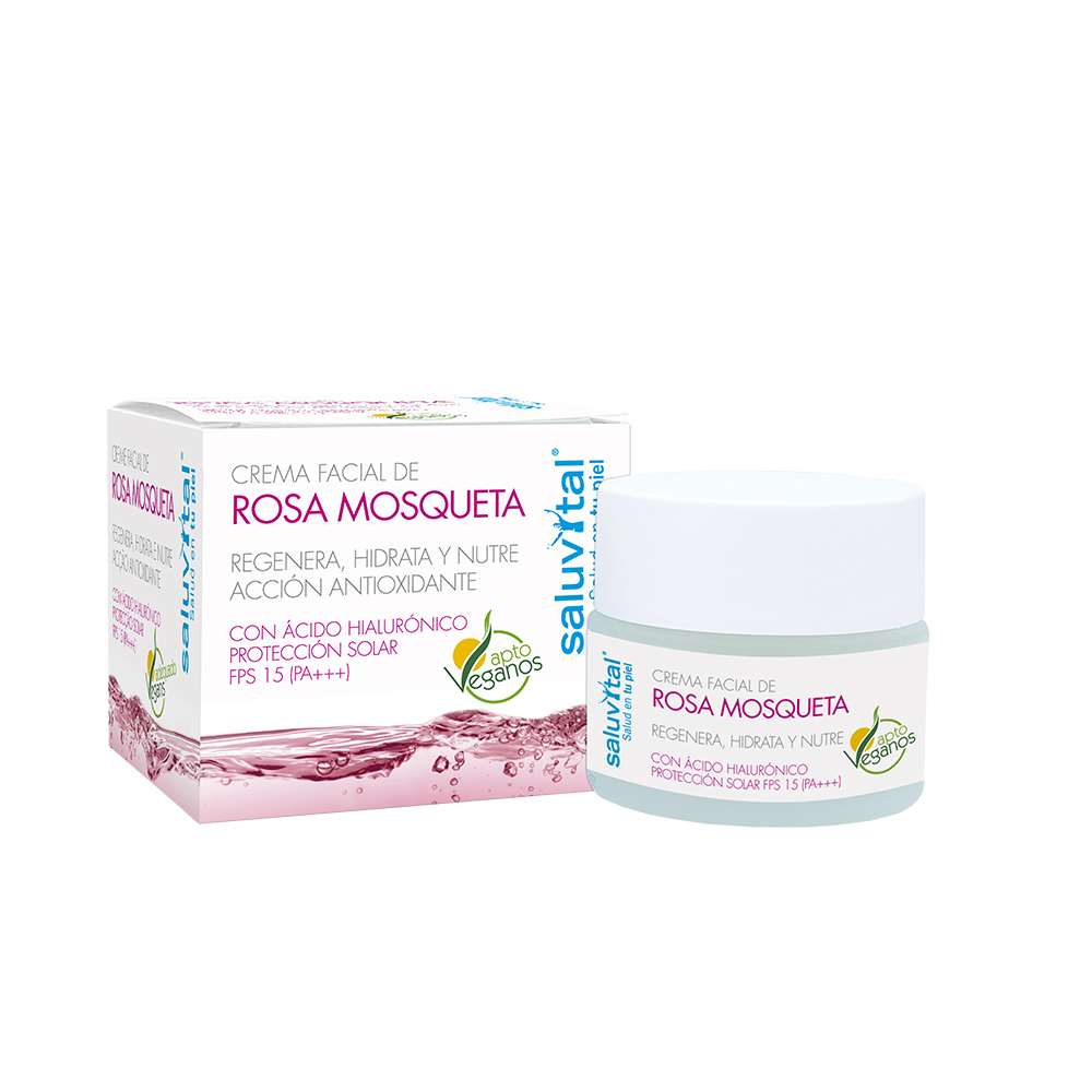 Crema Facial Hidratante | Aceite de Rosa Mosqueta y Ácido Hialurónico | Regenera la Piel y Retrasa los Signos de la Edad | con protección solar FPS15 | 50 ml.